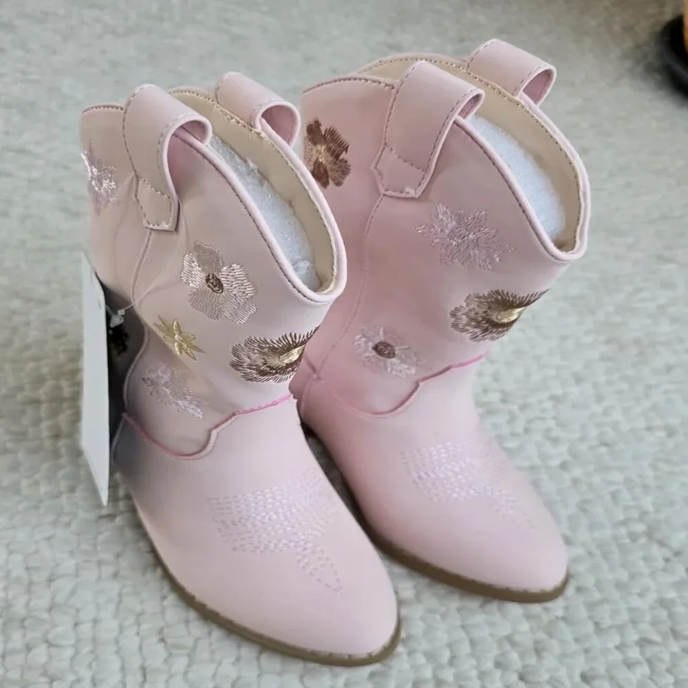 🆕Girls Pink Polyurethane Cowboy Floral Embroidered Western Cowgirl Boots